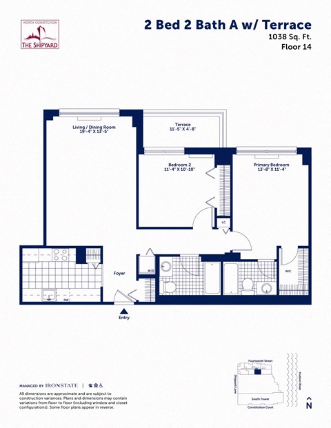 Floor plan for 2 beds, 2 baths, 1038 sqft